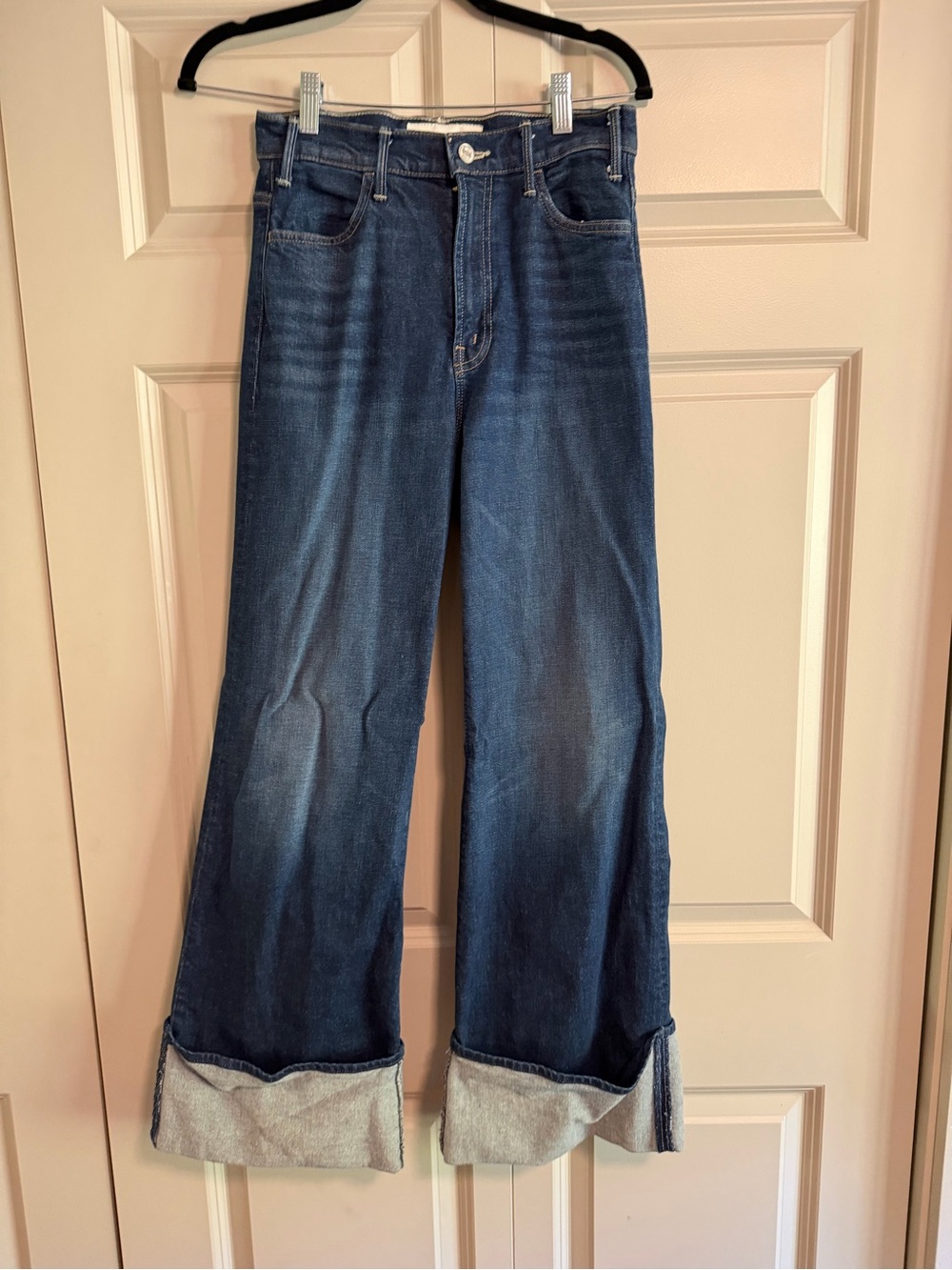 MOTHER Wide-Leg Cuffed Jeans in Medium Blue with Light Cuff - Picture 7 of 11